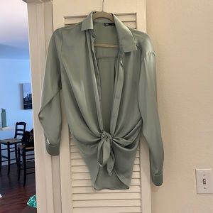 Zara Satin button-up green top